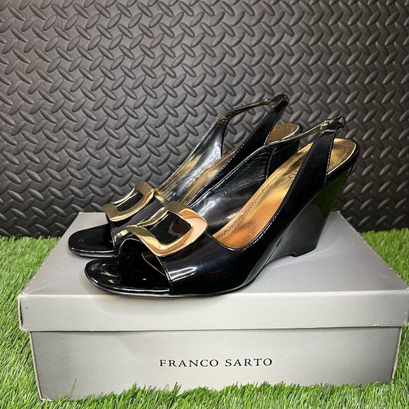 Franco Sarto black wedge Gold Buckle open Toe Heels Womans Size 10 - Picture 3 of 6